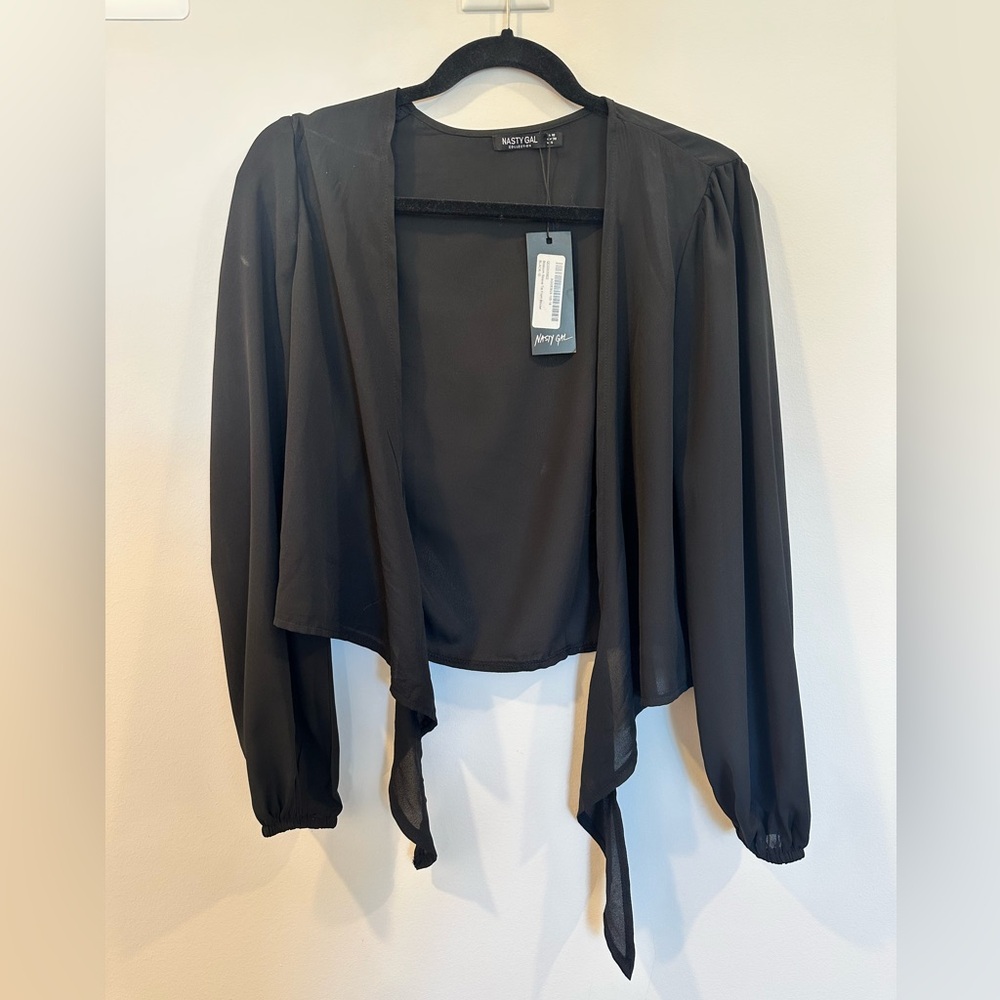 NWT Nasty Gal Black Tie Front Long Sleeve Blouse
